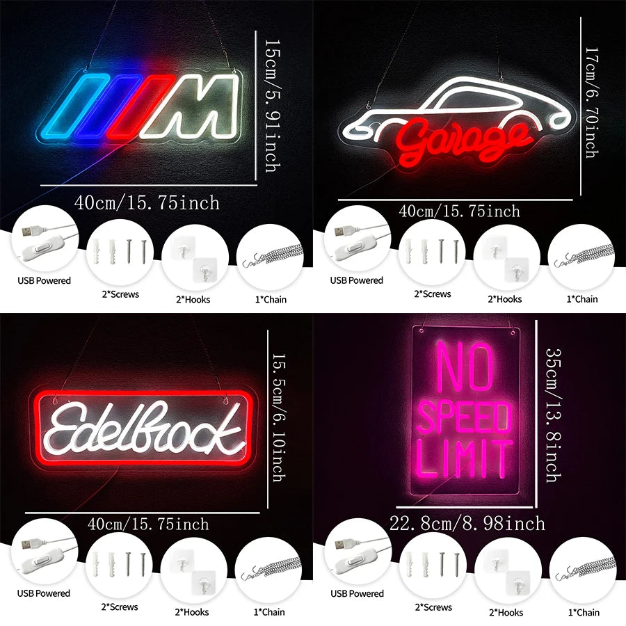 Car-Themed LED Neon Signs — Garage, Auto Shop & Man Cave Decor
